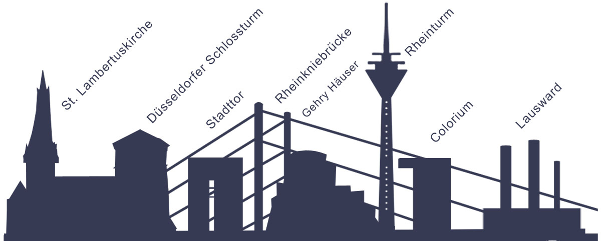 kompakte Düsseldorfer Skyline mit Gebäudenamen